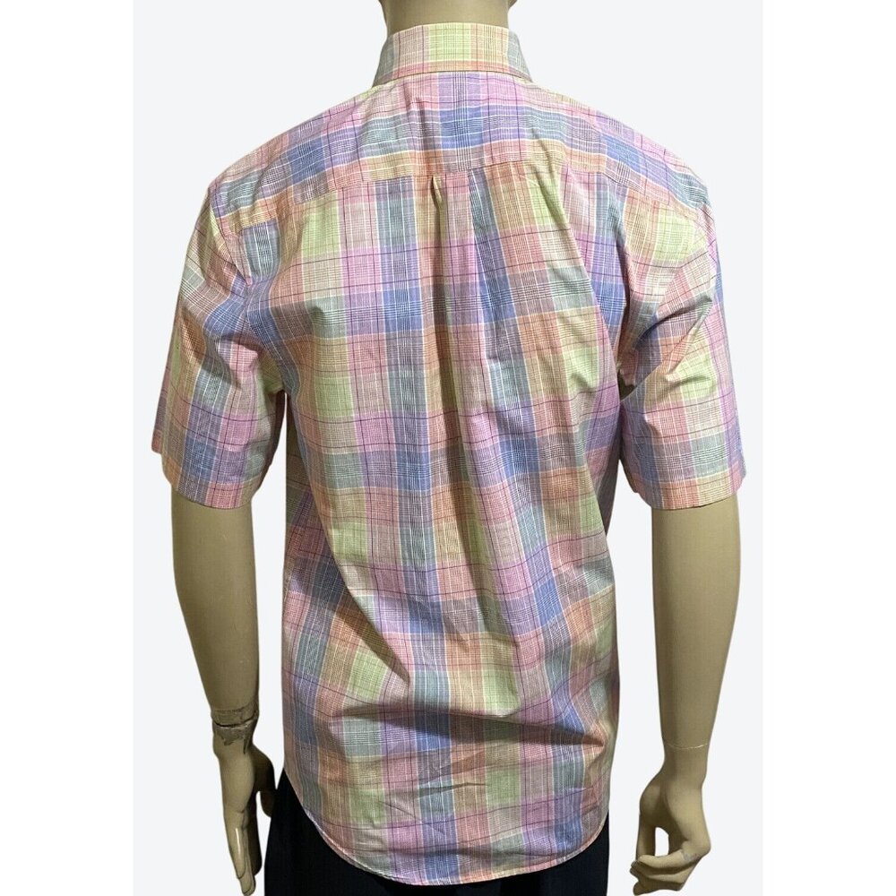 Peter Millar Men's Medium Short Sleeve Button Front Plaid Shirt Pink Yellow Blue - Picture 8 of 11